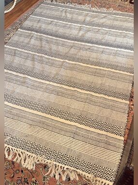 4.5 ‘ x 7’ Handwoven Black and Cream Striped Boho Rug